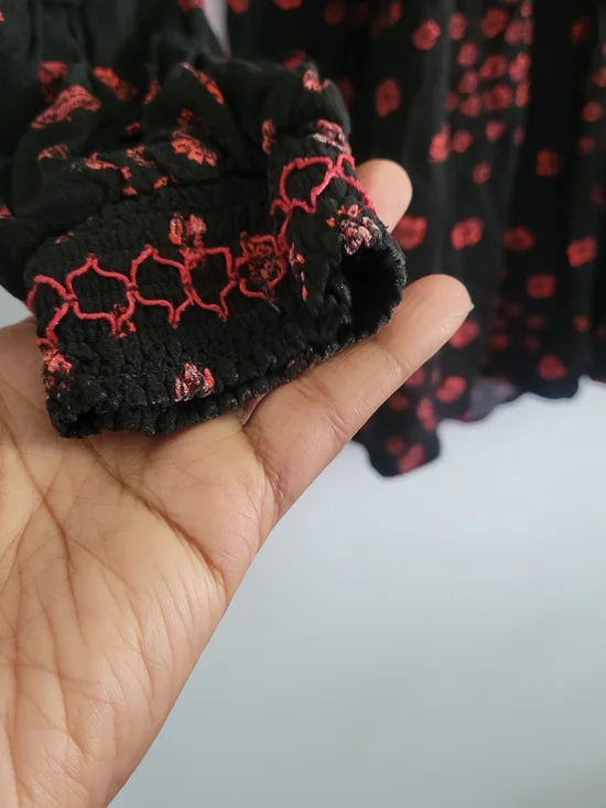 FREE PEOPLE Size XS Smocked Floral Blouse Black Red Boho Peasant Top - Picture 5 of 11